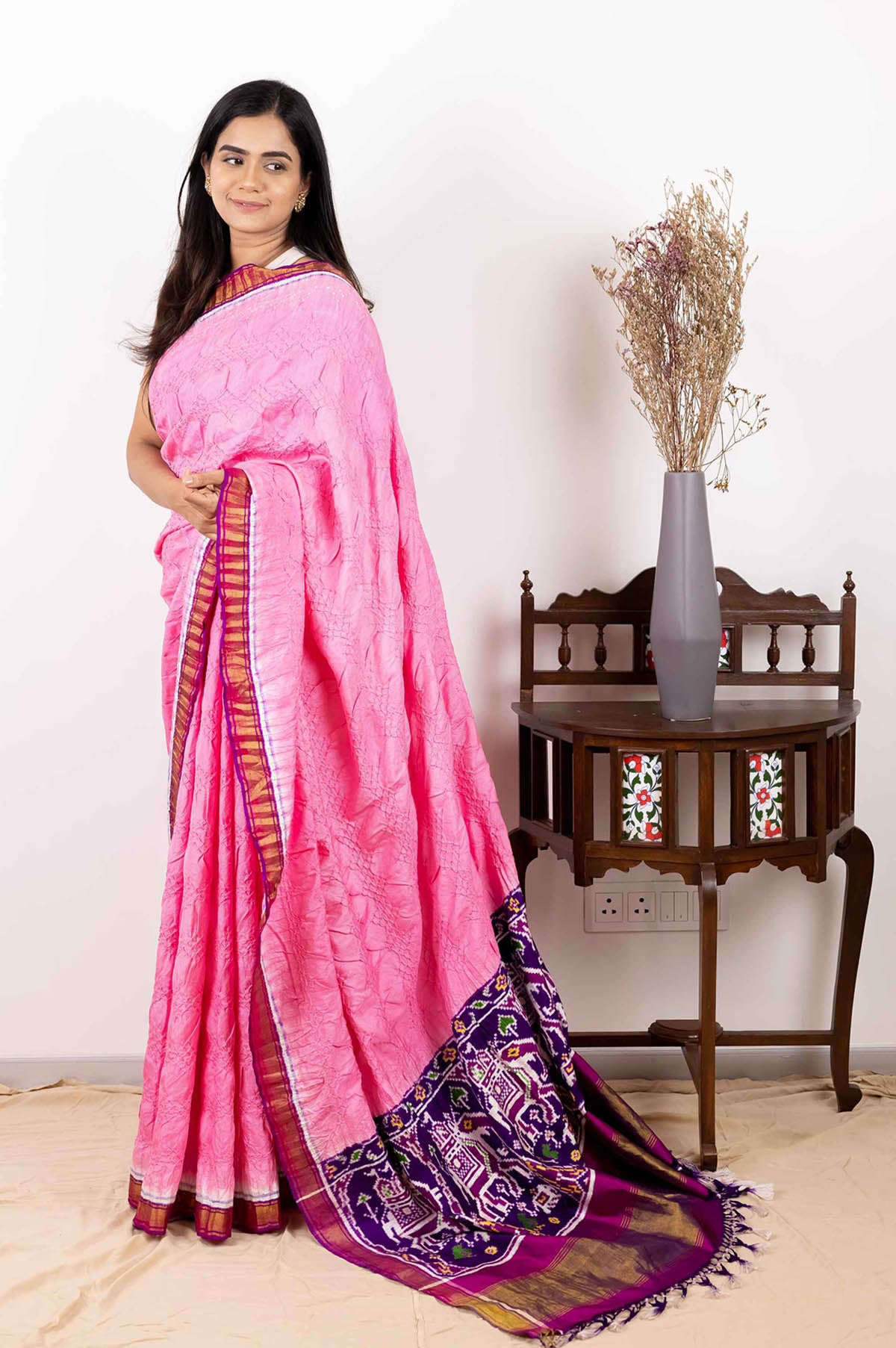 Pink Saree in Bandhej Patola