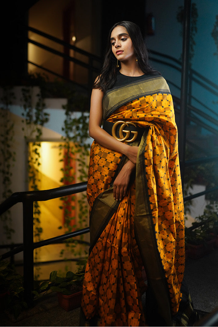 Mustard Pochampally Ikat Silk Saree - Main Image