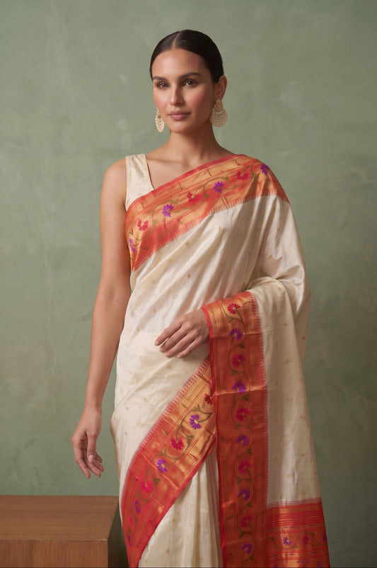 Off White Paithani Silk Saree