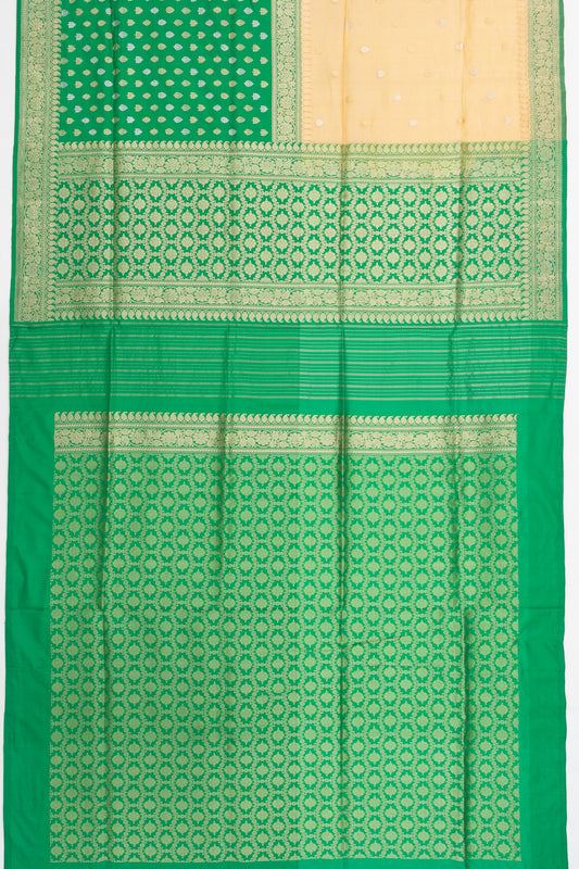 Turquoise Green And Mustard Banaras organza Katan Silk Saree