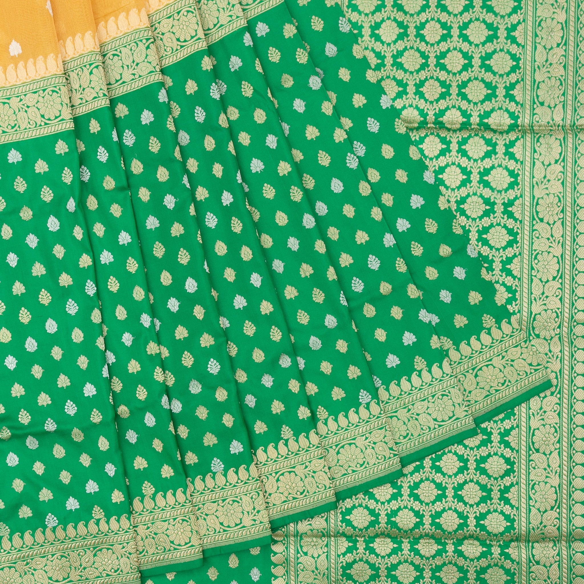 Turquoise Green And Mustard Banaras Organza Katan Silk Saree