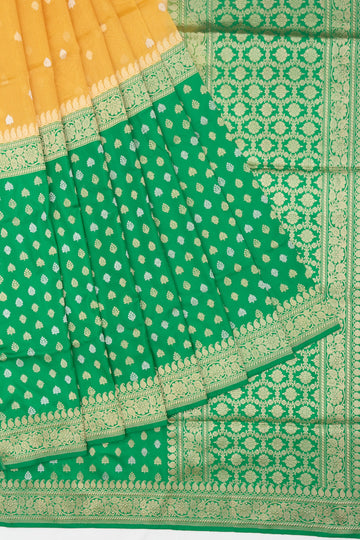 Turquoise Green And Mustard Banaras Organza Katan Silk Saree