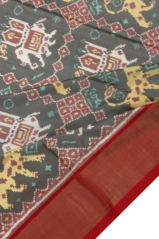 Ash Rajkot Patola Saree with Ikat Design and Maroon Pallu