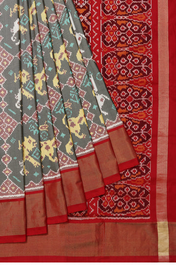 Ash Rajkot Patola Saree with Ikat Design and Maroon Pallu