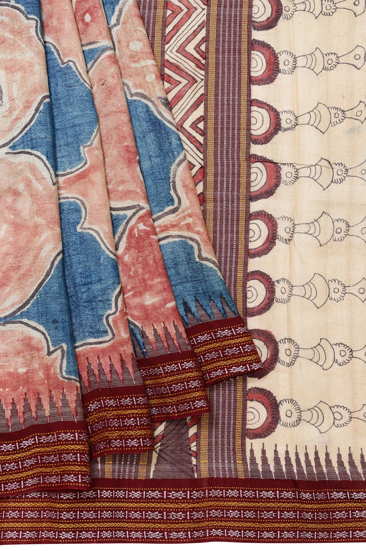 Multicolour Bomkai Silk Saree with Hand Painted Kalamkari Design