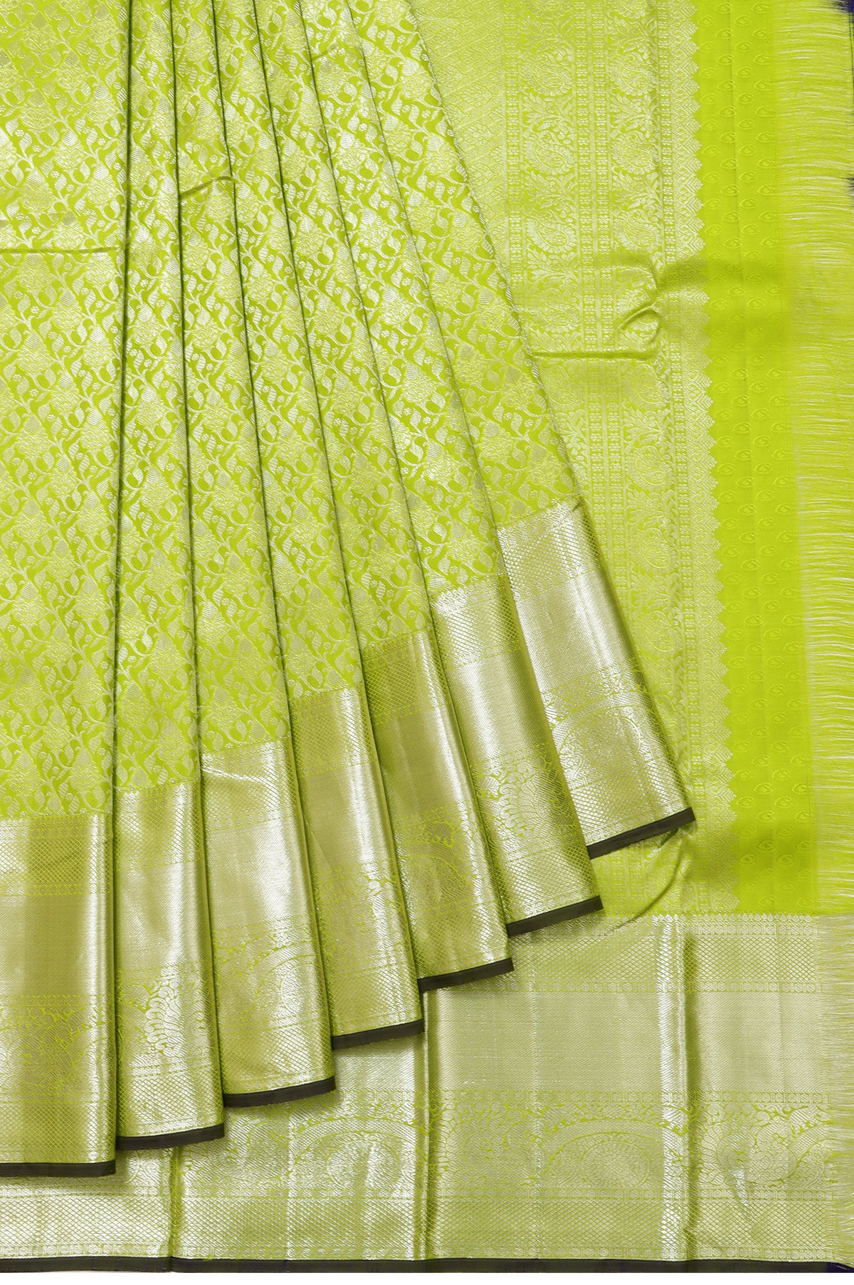 Parrot Green Kanchipuram Silk Saree with Yanai and Mayil Motifs