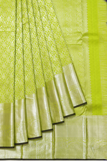 Parrot Green Kanchipuram Silk Saree with Yanai and Mayil Motifs