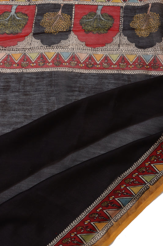 Black Kalamkari Cotton Saree with Hand Painted Design and Stripes