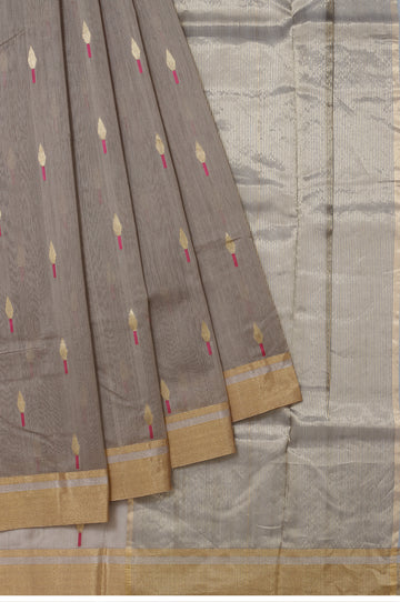 Ash Chanderi Silk Cotton Saree with Leaf Design and Silver Zari