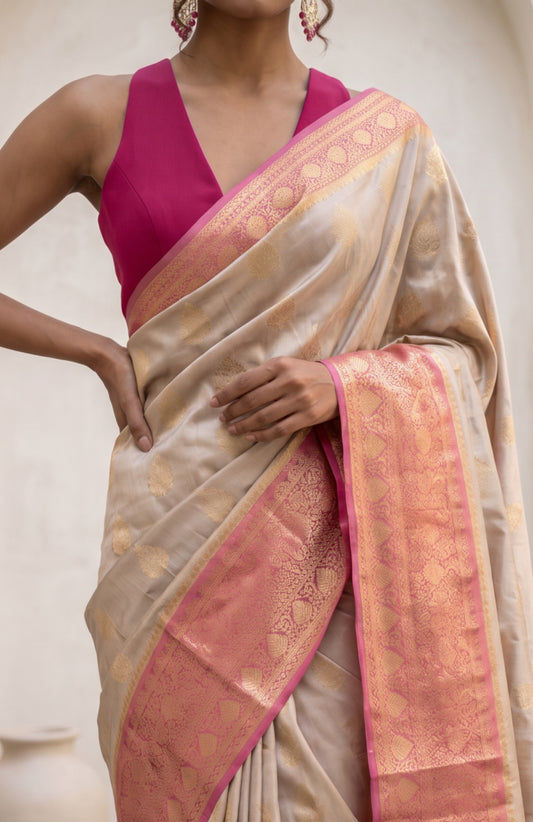 Ash Banaras Katan Silk Saree with Contarst Border