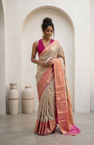 Ash Banaras Katan Silk Saree with Contarst Border