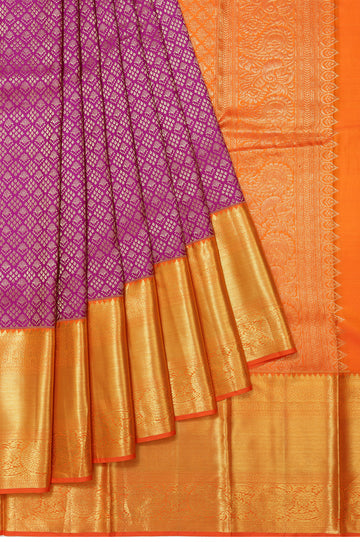 Magenta Kanchipuram Silk Saree with Floral Border and Orange Pallu