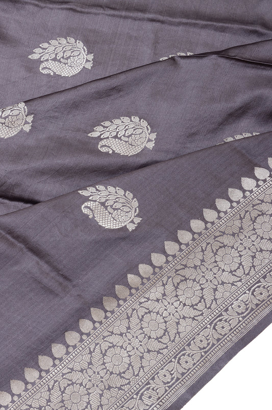 Grey Mashru Silk Saree with Silver Zari and Peacock Motifs