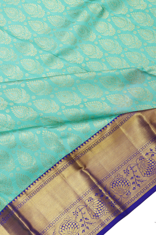 Sea Green Kanchipuram Silk Saree with Violet Pallu and Gold Zari