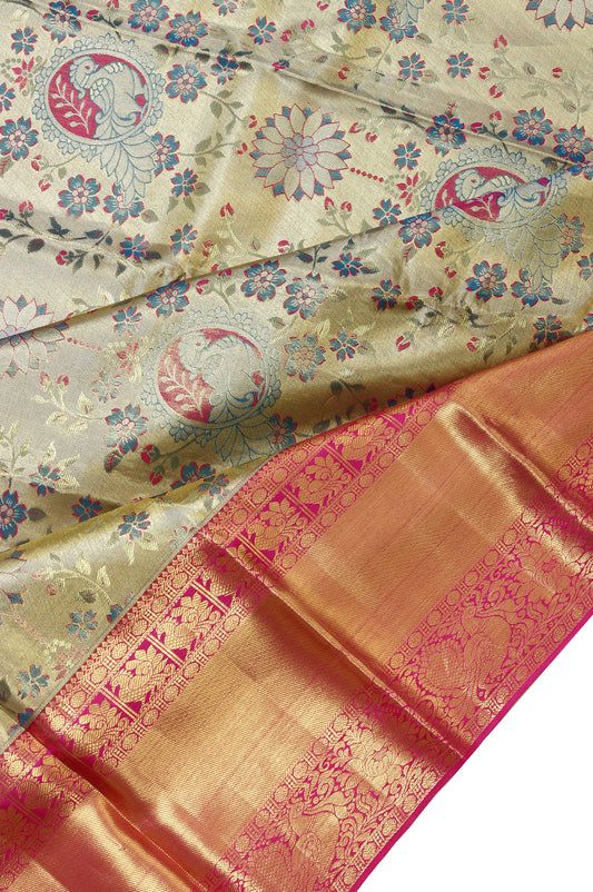 Gold Kanchipuram Silk Saree with Mayil Motifs and Pink Pallu