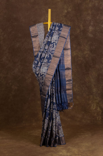 Grey and Navyblue Tussar Silk Saree