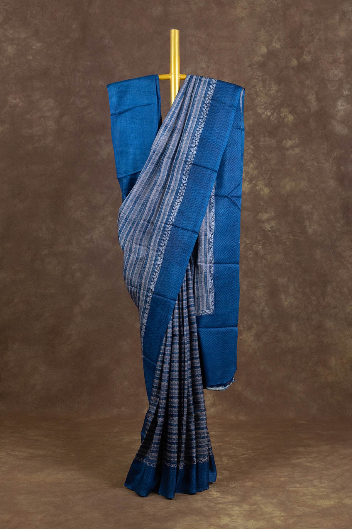 Beige & Blue Tussar Silk Saree