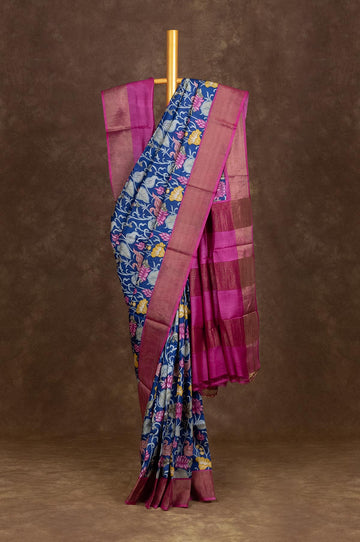 Navy Blue Tussar Silk Saree