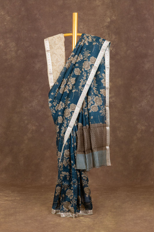 Peacock blue Chanderi Silk Cotton Saree