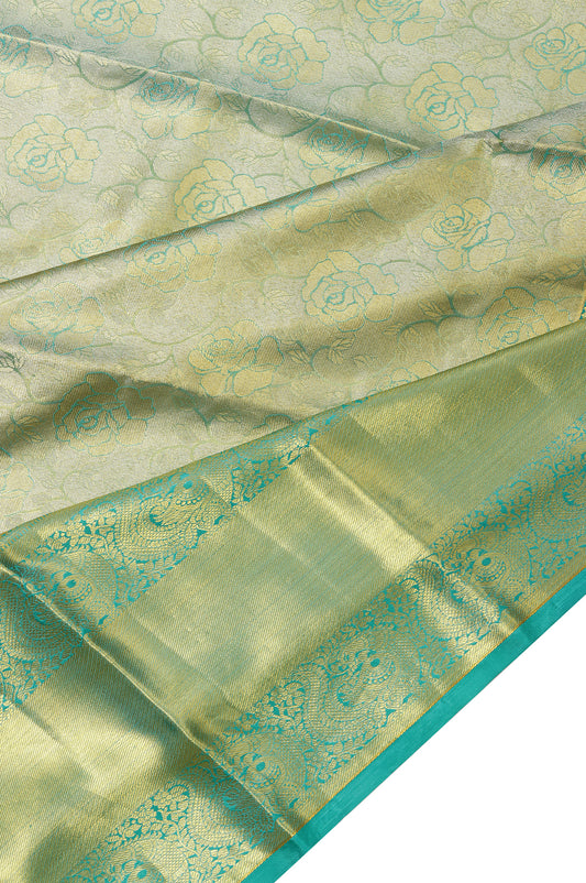 Gold Kanchipuram Silk Saree with Floral Design and Sea Green Border