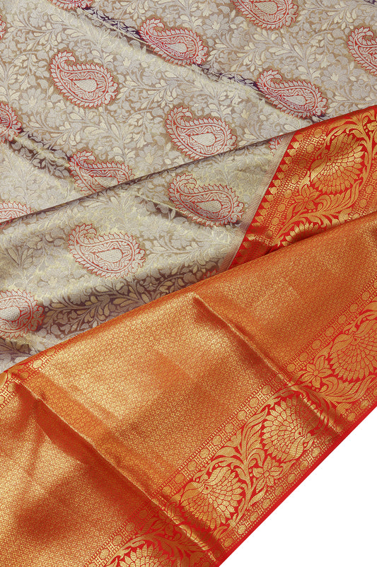Blue Kanchipuram Silk Saree with Floral Zari and Red Pallu