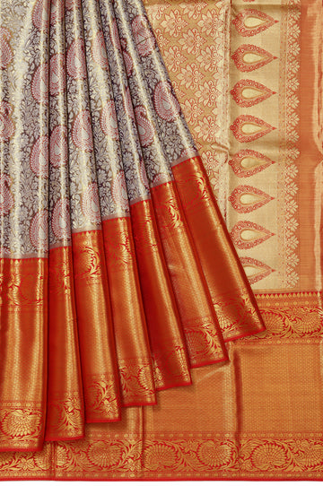 Blue Kanchipuram Silk Saree with Floral Zari and Red Pallu