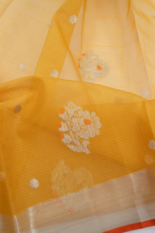 Mustard Kota Doria silk saree