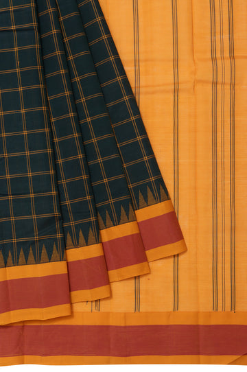 Green Chequered Kanchi Cotton Saree Mustard Pallu
