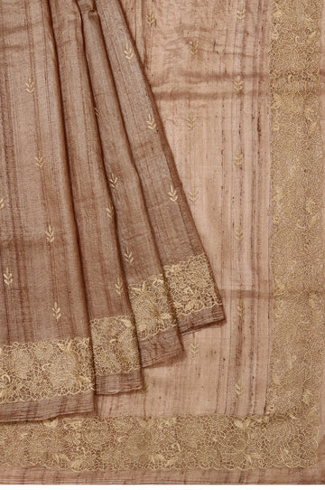 Beige Tussar Silk Saree with Embroidery and Floral Border