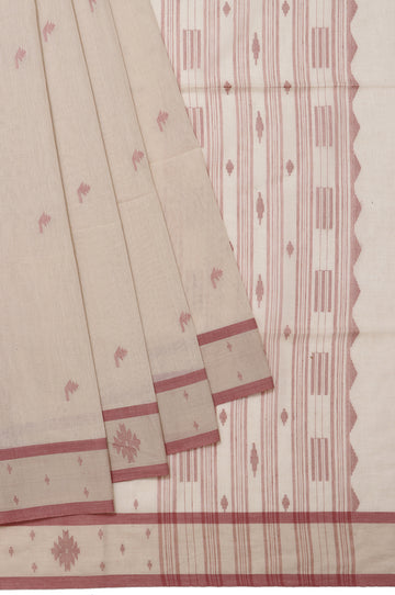 Beige Bengal Cotton Jamdani Saree with Onion Pink Border and Chevron Pattern