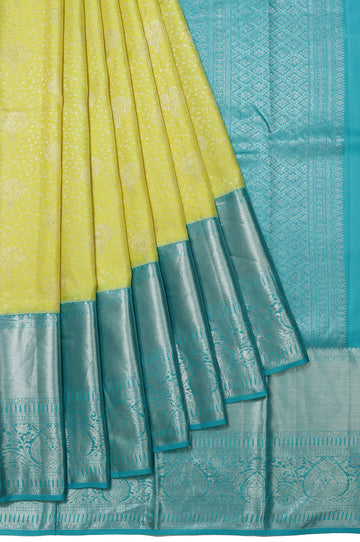 Neon Yellow Kanchipuram Silk Saree with Mayil Motifs and Silver Zari