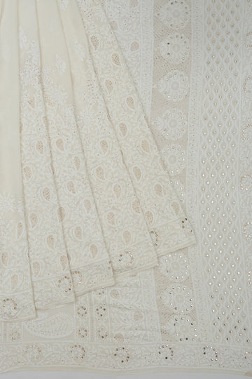 White Georgette Silk Saree with Chikankari work