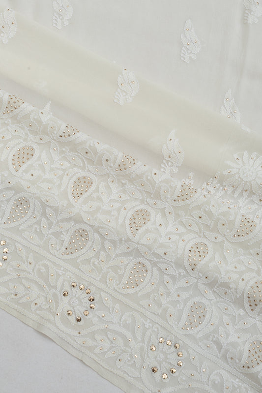 White Georgette Silk Saree with Chikankari work