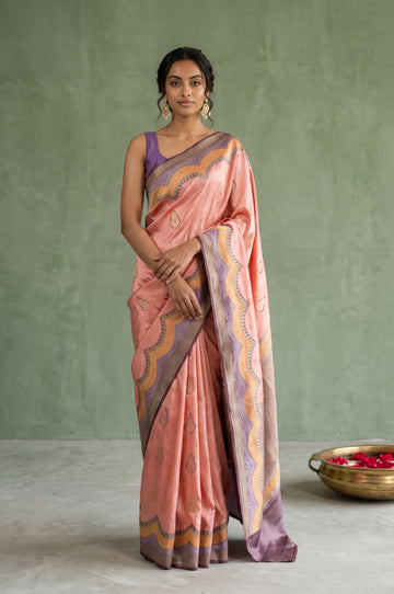 Pink Hand-Painted Mashru Silk Saree with Floral Zari Border