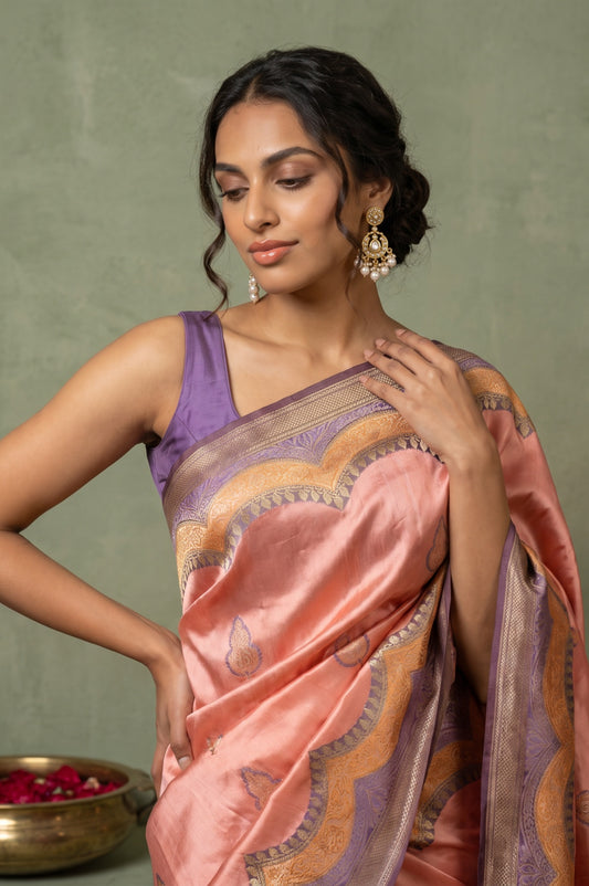 Pink Hand-Painted Mashru Silk Saree with Floral Zari Border