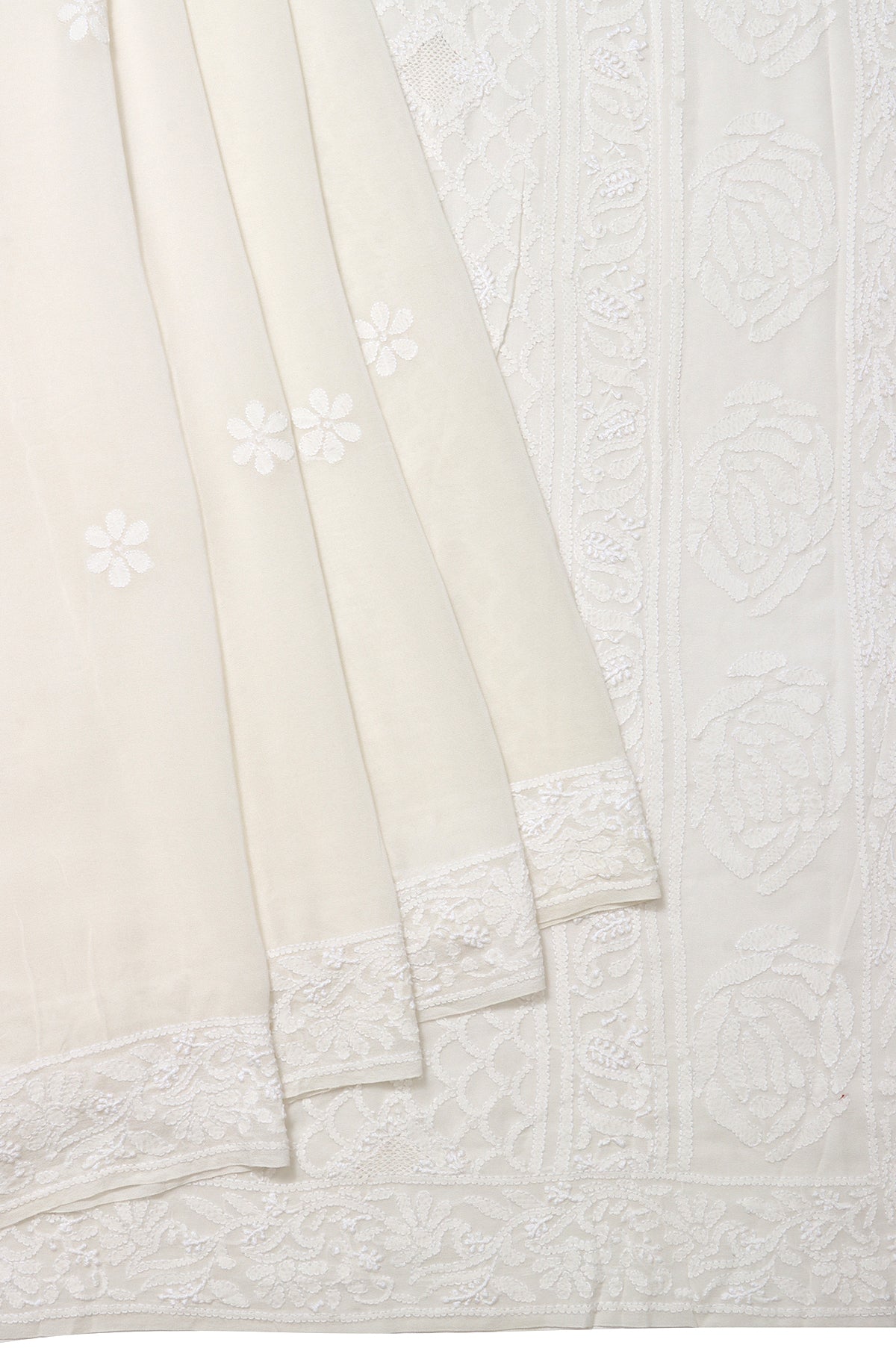 White Banaras Georgette Saree with Floral Chikankari Work