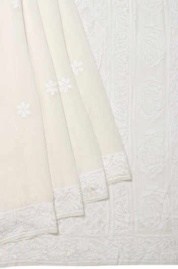 White Banaras Georgette Saree with Floral Chikankari Work