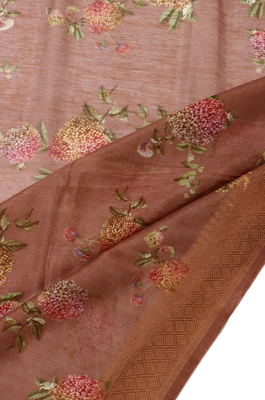 Brown Chanderi Silk Cotton Saree with Floral Design and Gold Zari Border