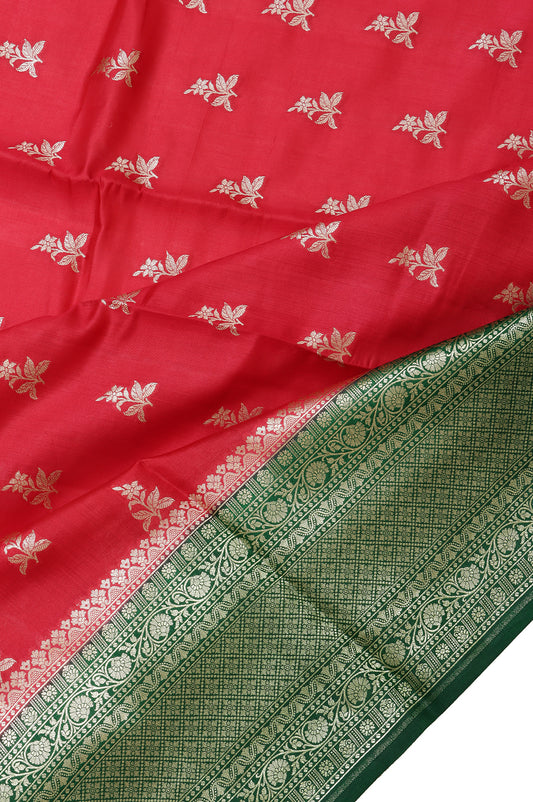 Maroon Chiniya Silk Saree with Green Border and Pallu