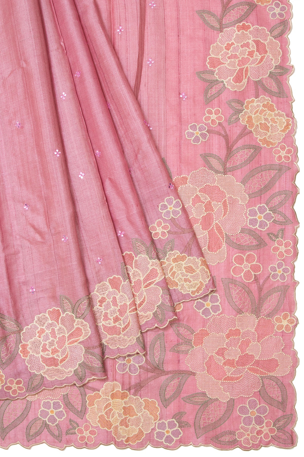 Onion Pink Tussar Silk Saree with Floral Jaal Pallu