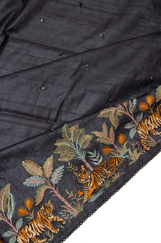 Black Tussar Silk Saree with Tiger Motif Border