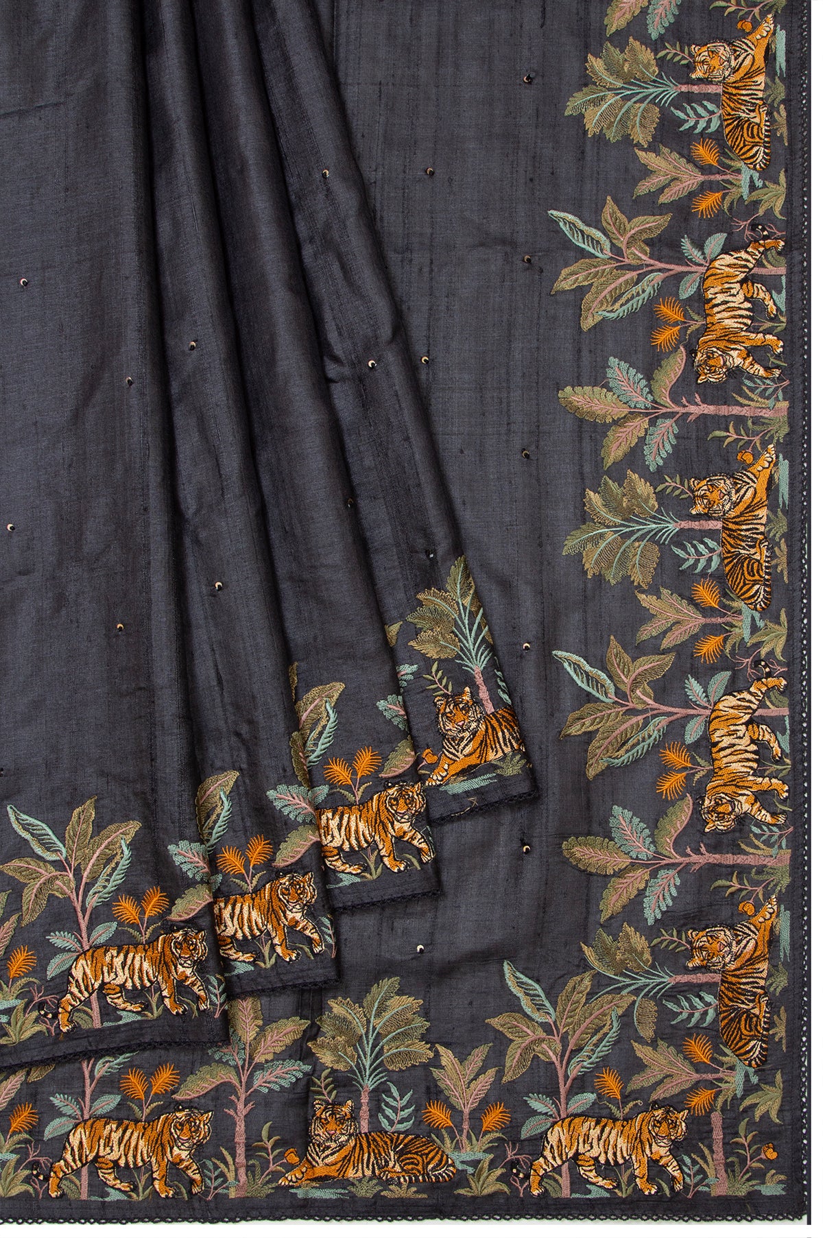 Black Tussar Silk Saree with Tiger Motif Border