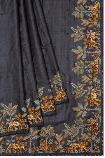 Black Tussar Silk Saree with Tiger Motif Border