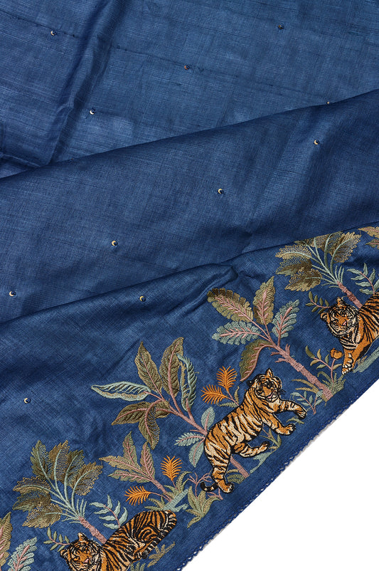 Peacock Blue Tussar Silk Saree with Tiger Design Border
