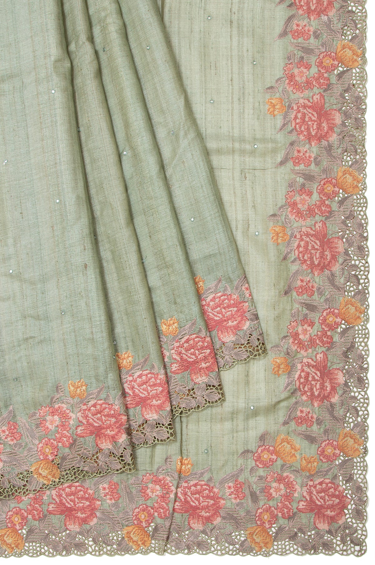 Green Tussar Silk Saree with Matte Border