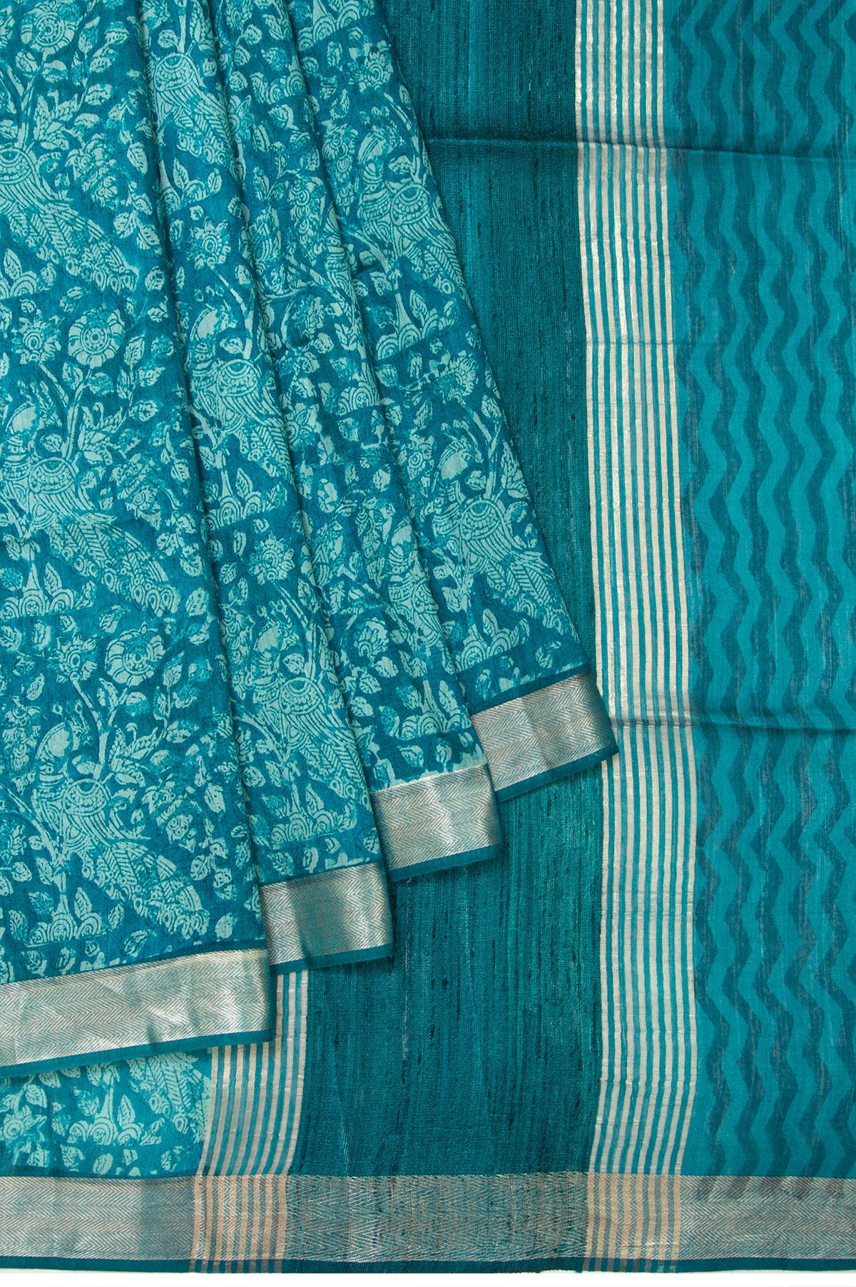 Peacock Blue Tussar Silk Saree with Peacock Motifs