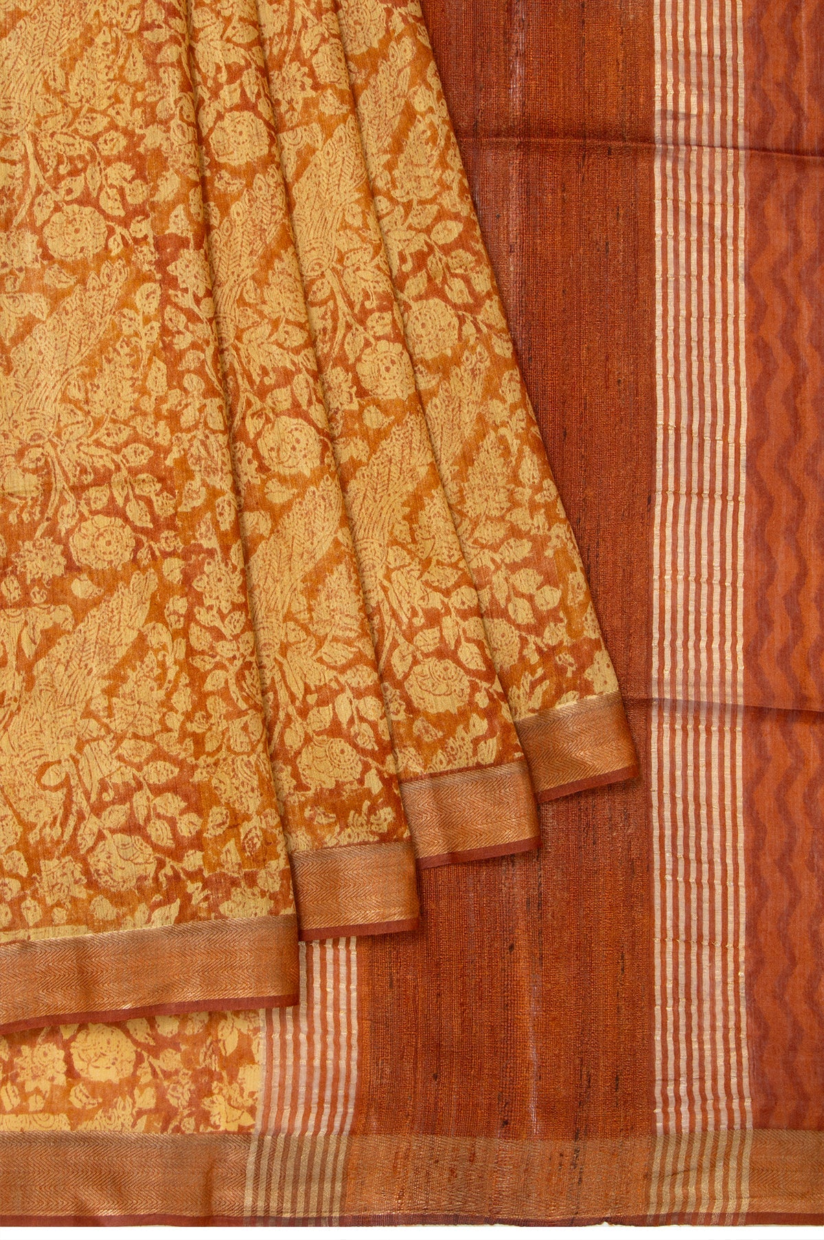 Mustard Tussar Silk Saree with Striped Tassel Pallu