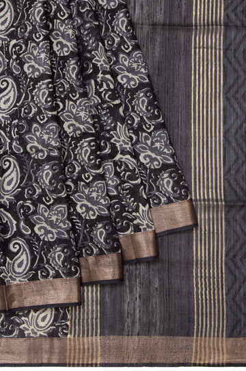 Black Tussar Silk Saree with Paisley and Floral Design