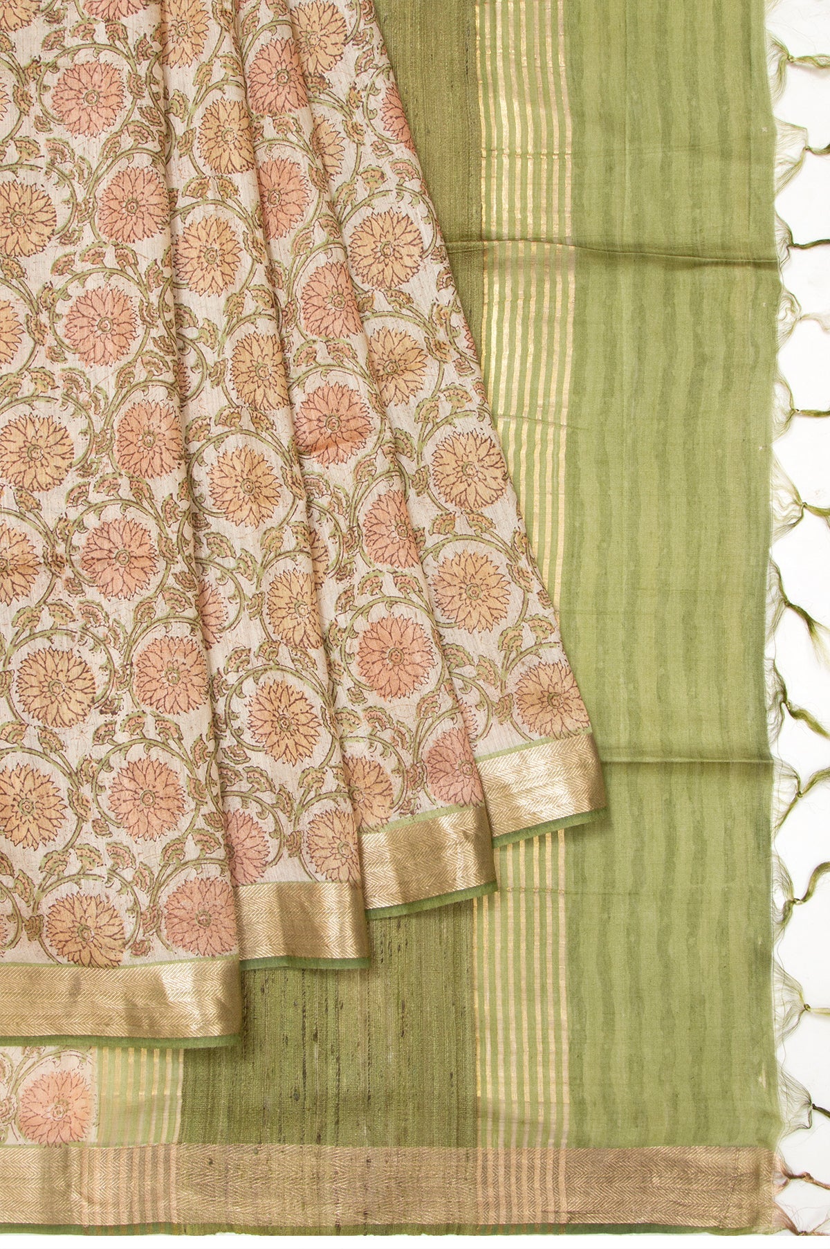 Cream Tussar Silk Saree with Green Striped Border