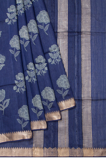 Navy Blue Tussar Silk Saree with Temple Design